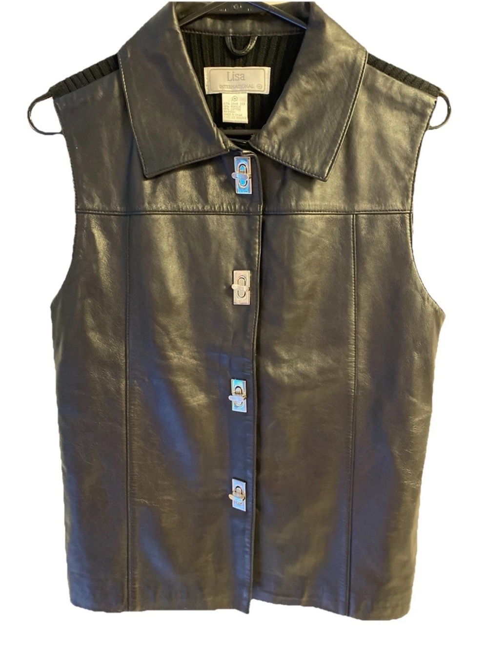 Lisa International Black Leather Sleeveless Vest with Turn-Lock Buttons Knitted